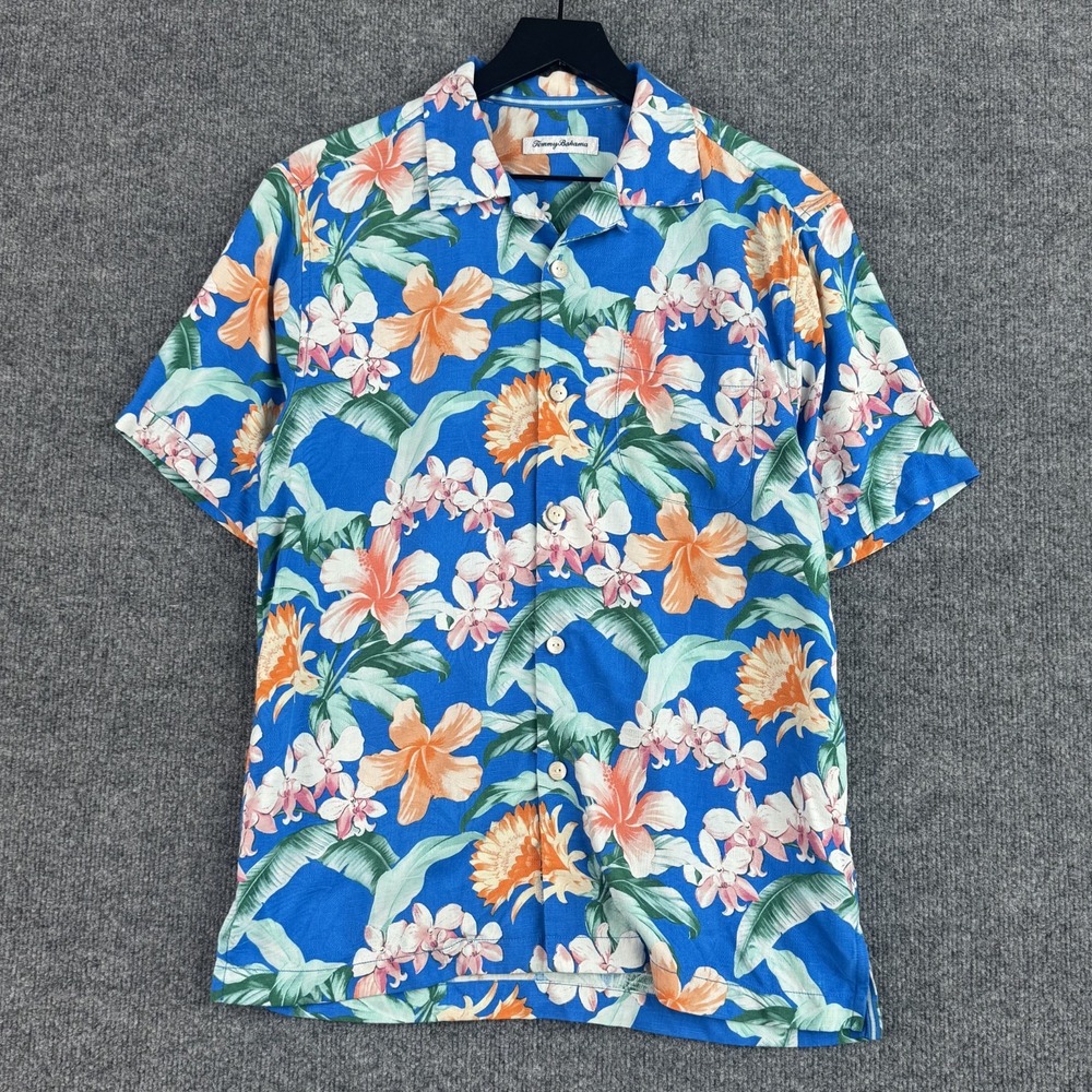Tommy Bahama Silk Button Up Shirt Mens S Blue Floral Travel Coolmax Short Sleeve